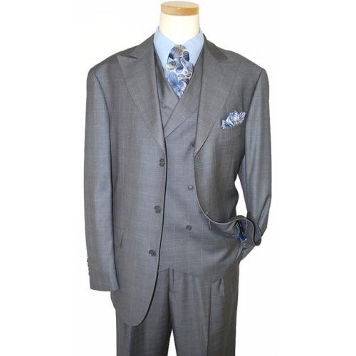 P2 By Tayion Collection Charcoal Grey With Silver Grey Windowpanes With Sky Blue Hand-Pick Stitching Super 120'S Vested Suit 8089/2918